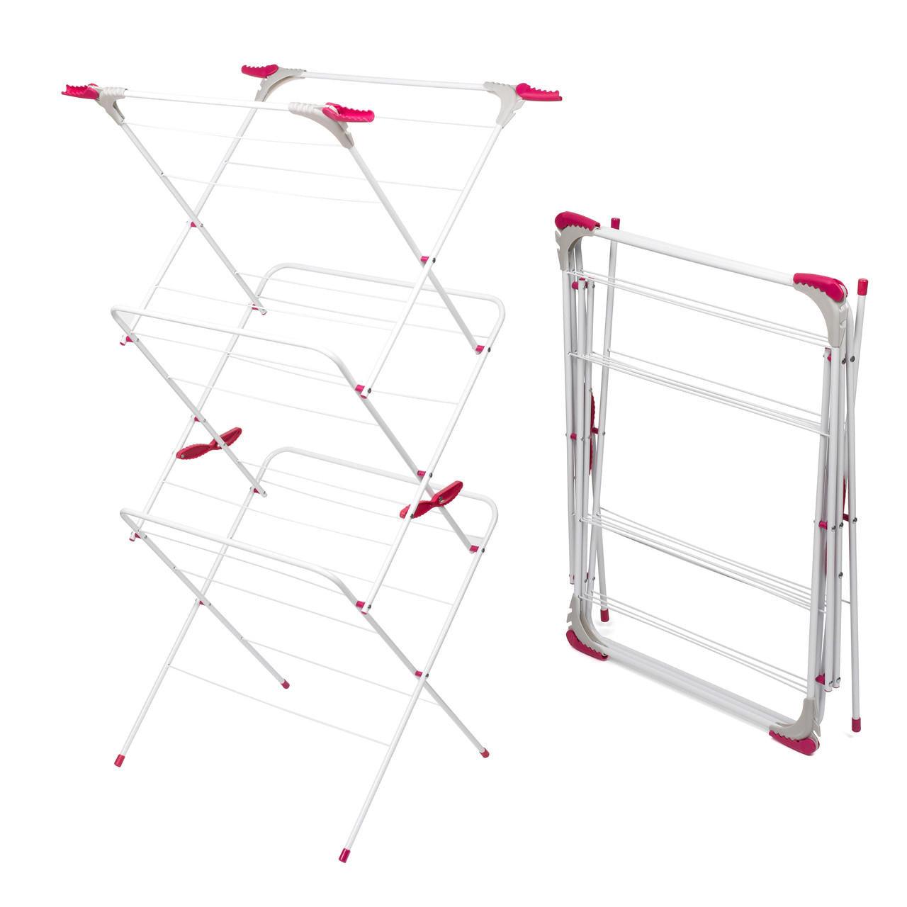 Kleeneze 3-Tier Clothes Airer – Large Foldable Clothes Maiden, Standing Laundry Dryer Rail Rack, Folding Indoor Clothes Horse, 15M Drying Space, Fold-Out Hooks, 7kg Capacity, Pink