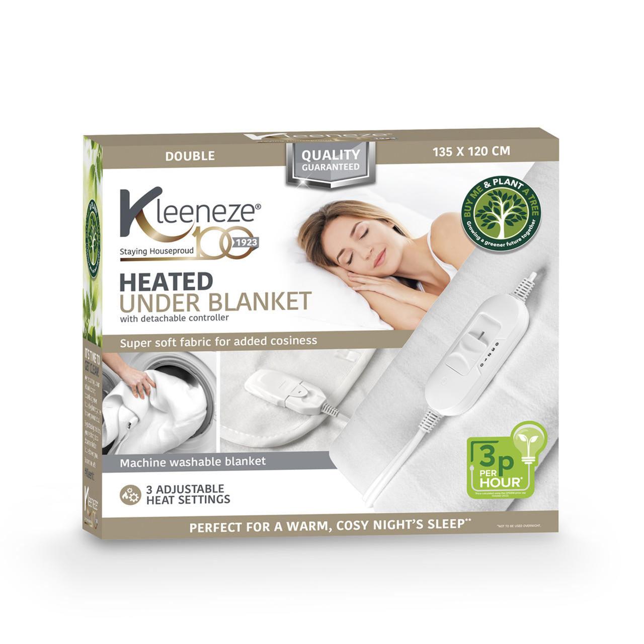Kleeneze Heated Underblanket – Soft Fabric Electric Blanket For Double Beds, Machine Washable, 3 Heat Settings, Detachable Controller, Tie Down Design, 135 x 120cm Under Bed Cover, 35W