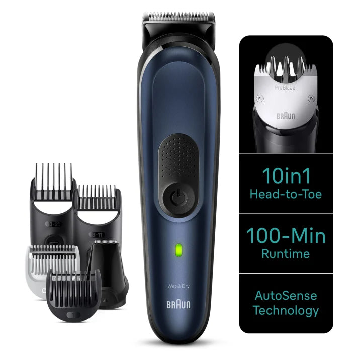 Braun 10-in-1 Style Kit 7 MGK7421 beard, body, hair. With metal blade, 100min runtime, pouch, blue
