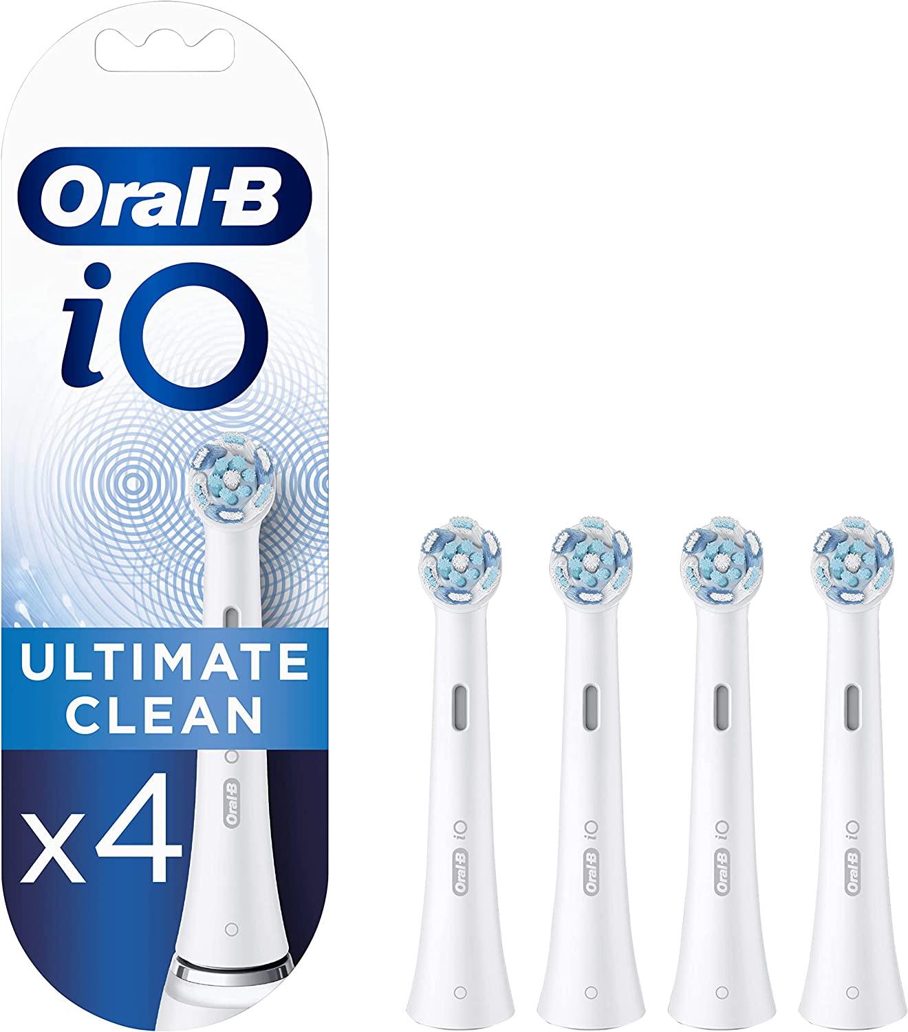 Oral-B iO Ultimate Clean Electric Toothbrush Head, Twisted & Angled Bristles for Deeper Plaque Removal, Pack of 4, White