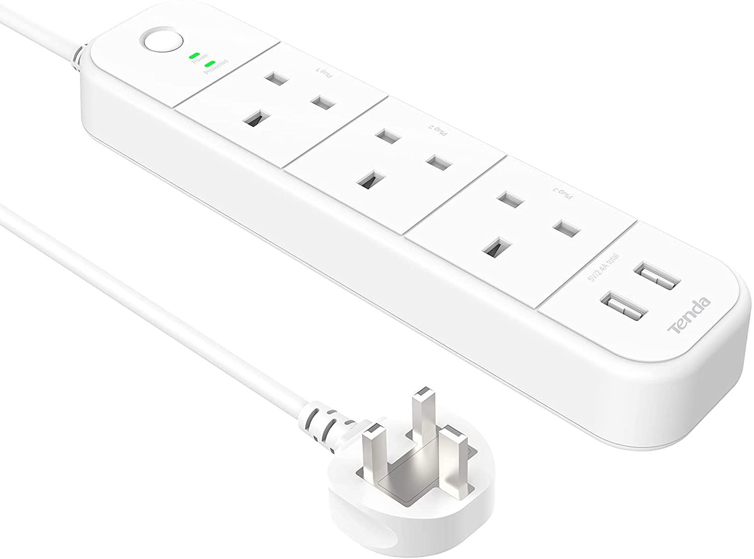Tenda Smart Power Strip (UK Plug), Smart Plug Compatible with Alexa & Google, Surge Protected Smart Extension Lead with 2 USB Slots 3 AC Outlets, App Remote Control, Schedule & Timer Function (SP15)