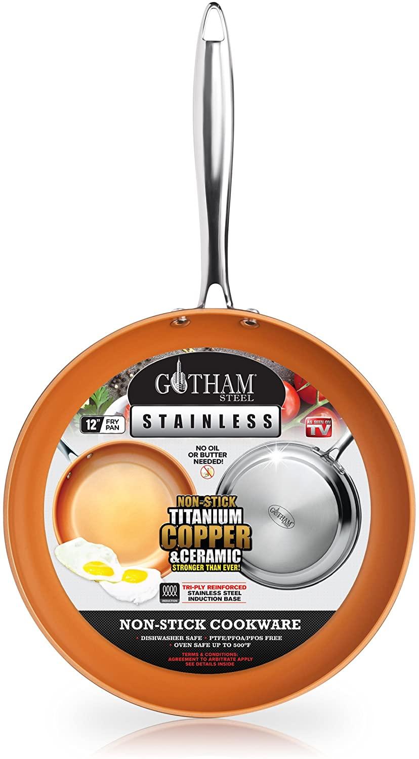 Gotham Steel 10" Stainless Steel Premium Frying Pan Triple Ply Reinforced with Super Nonstick Ti-Cerama Copper Coating and Induction Capable Encapsulated Bottom – Dishwasher Safe