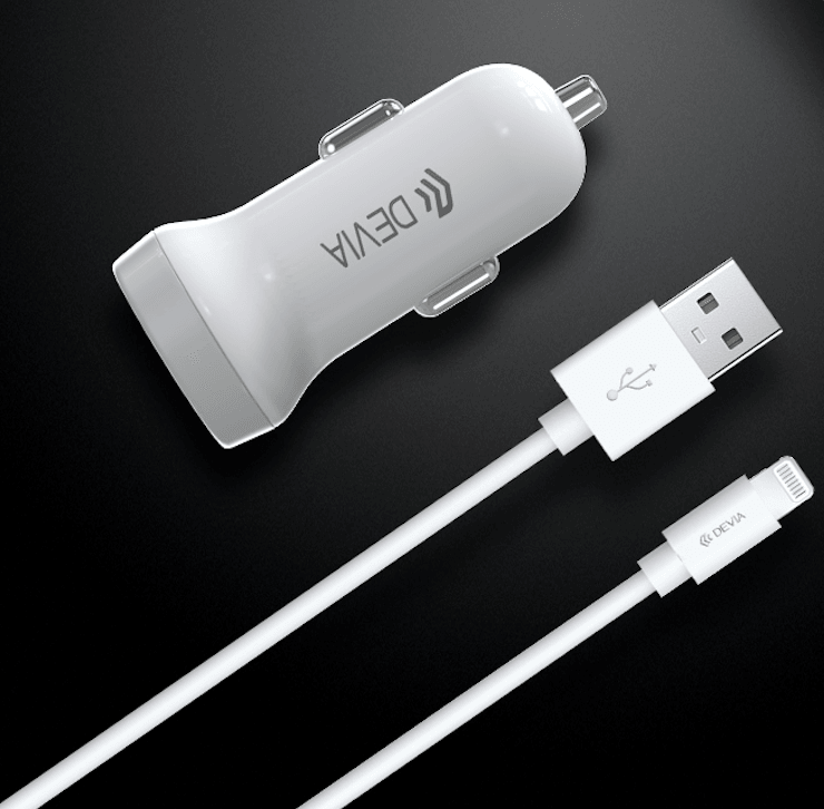 Devia 3.1A Dual USB Port Car Charger Adapter & 1m Lightning Cable White