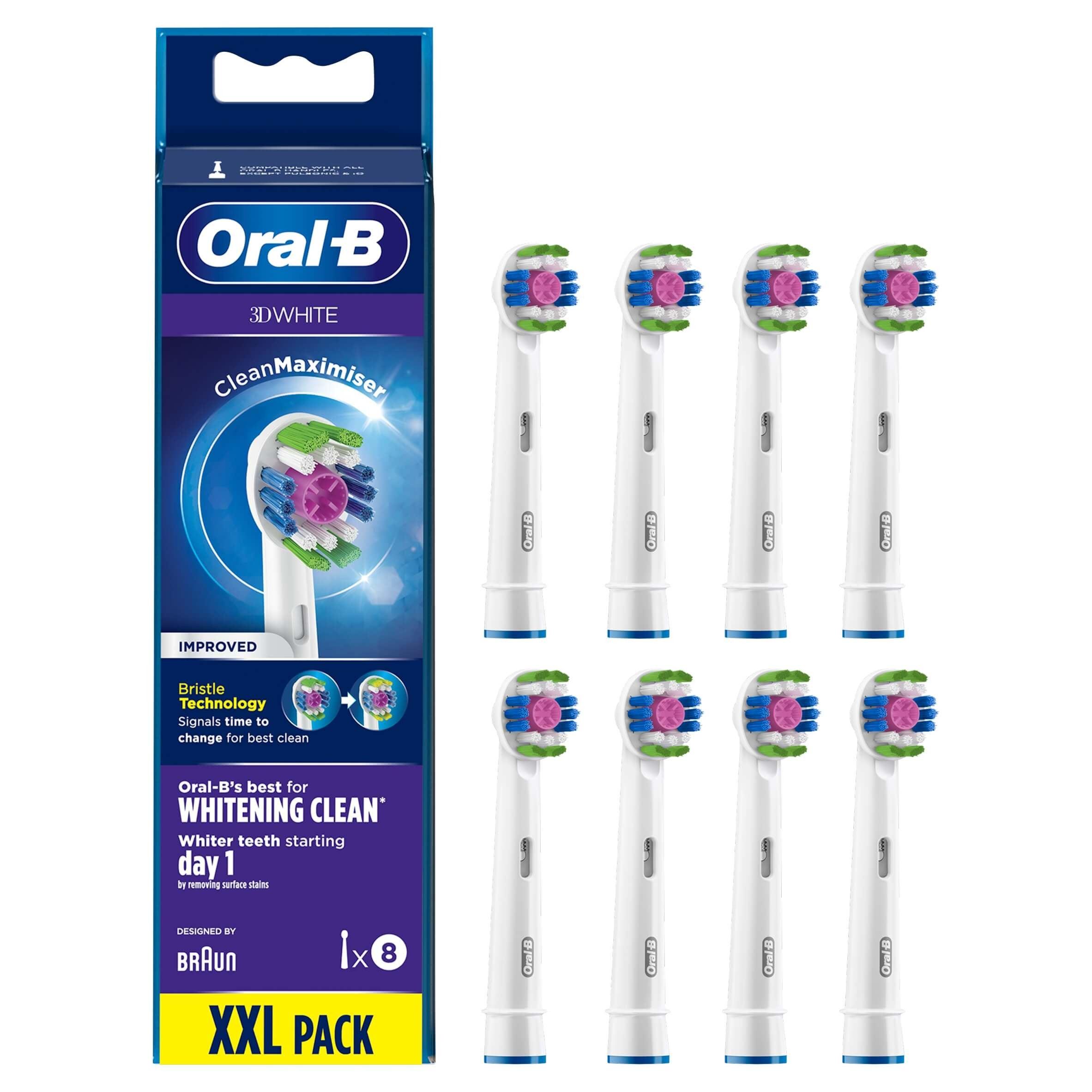 Oral-B 3D White Replacement Toothbrush Head with CleanMaximiser Technology, Pack of 8 Counts