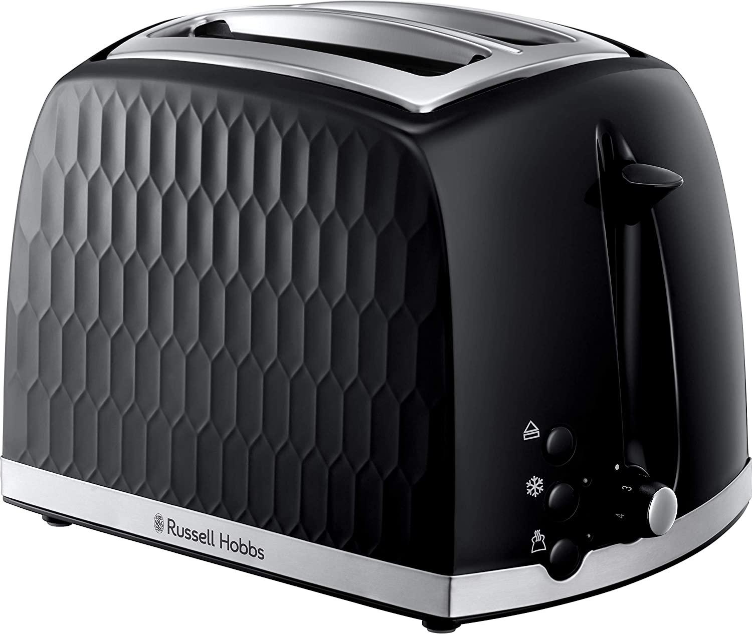 Russell Hobbs 2 Slice Toaster - Contemporary Honeycomb Design with Extra Wide Slots and High Lift Feature Black