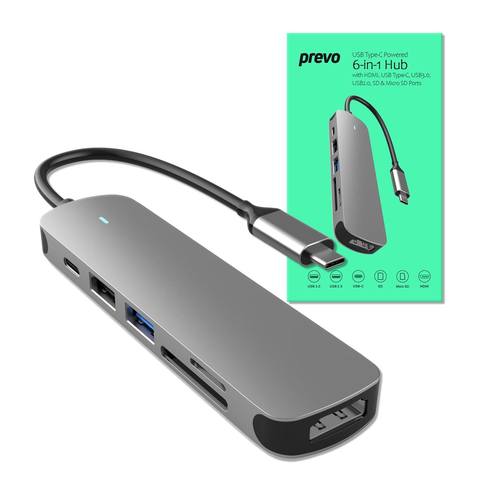 Prevo C605A USB Type-C 6-In-1 Hub with HDMI, SD and TF Card Reader, USB 2.0, USB 3.0, USB-C, 4K HDMI, PC, Laptop, Tablets, iPad, MacBook, iMac Compatible, Silver Metal Finish