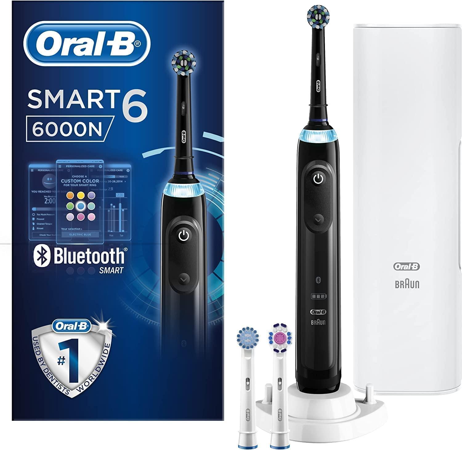 Oral-B Smart 6 Electric Toothbrush with Smart Pressure Sensor, Gifts For Women / Men, App Connected Handle, 3 Toothbrush Heads & Travel Case, 5 Modes, Teeth Whitening, 2 Pin UK Plug