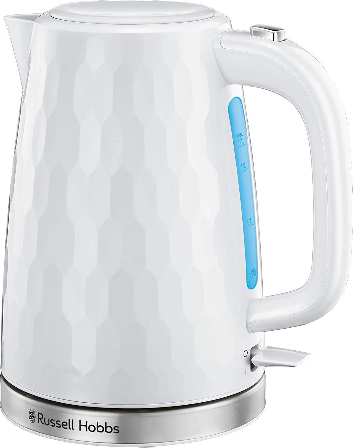 Russell Hobbs Cordless Electric Kettle - Contemporary Honeycomb Design with Fast Boil and Boil Dry Protection, 1.7 Litre, 3000 W, White