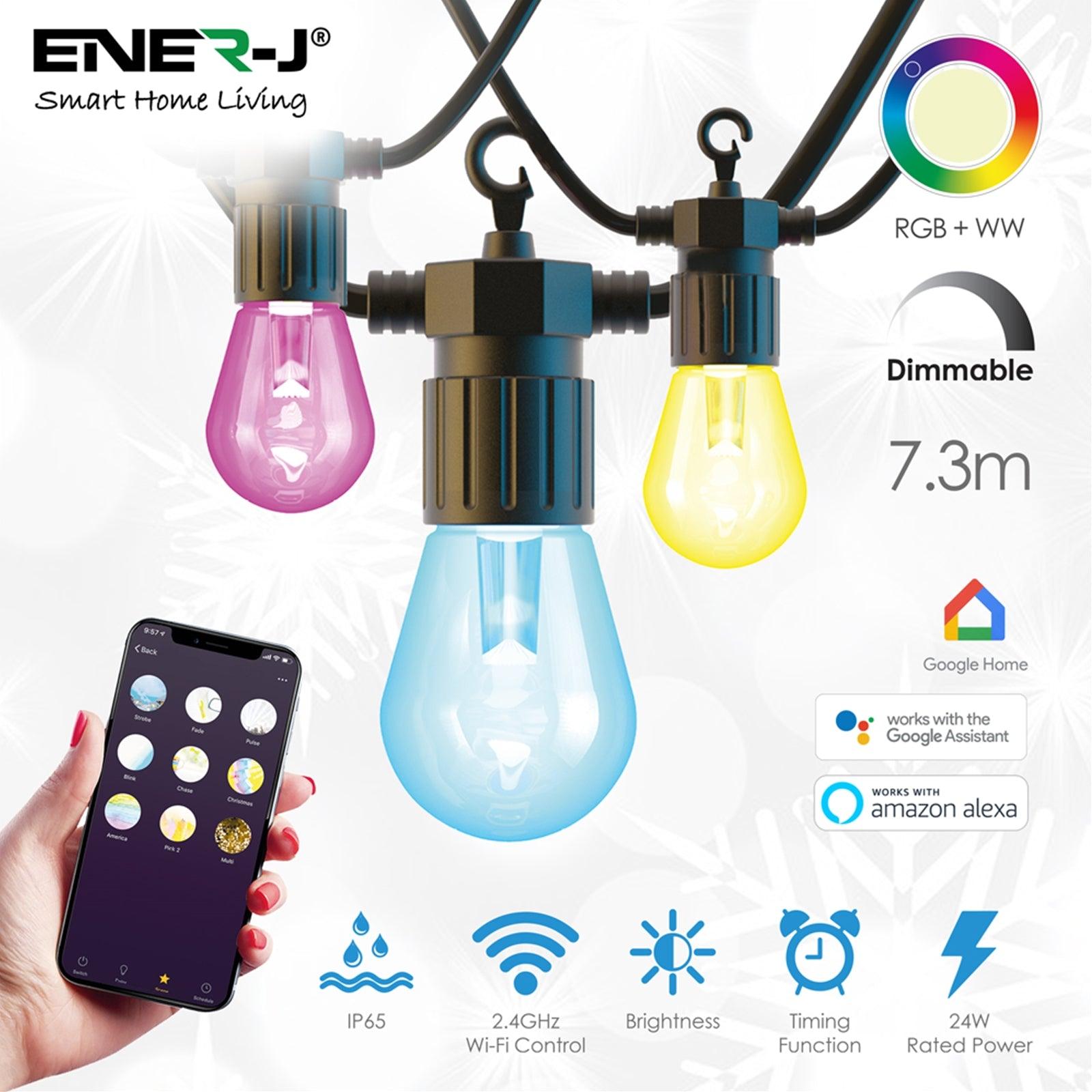 ENER-J Wi-Fi LED 7.3M String Light with RGB+WW, 12pcs LED Bulbs, Plug & Play Power Supply