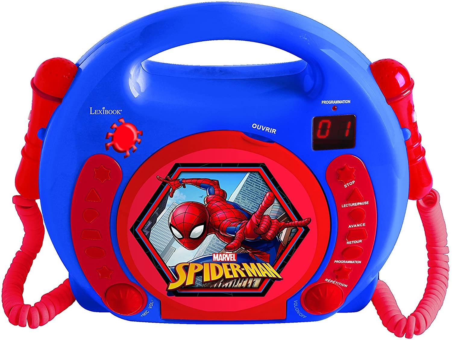 Lexibook Marvel Spider-Man Peter Parker Karaoke CD Player with 2 Microphones, Programming Function, Headphones Jack, for Kids, with Power Supply or Batteries