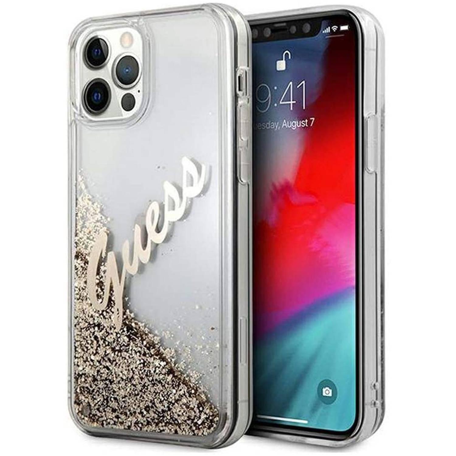 Guess Liquid Glitter Script Back Shield Hard Case for Apple iPhone 12 / 12 Pro (6.1") Shock-Absorption & Drop Protection Suitable with Wireless Charger Officially Licensed Gold