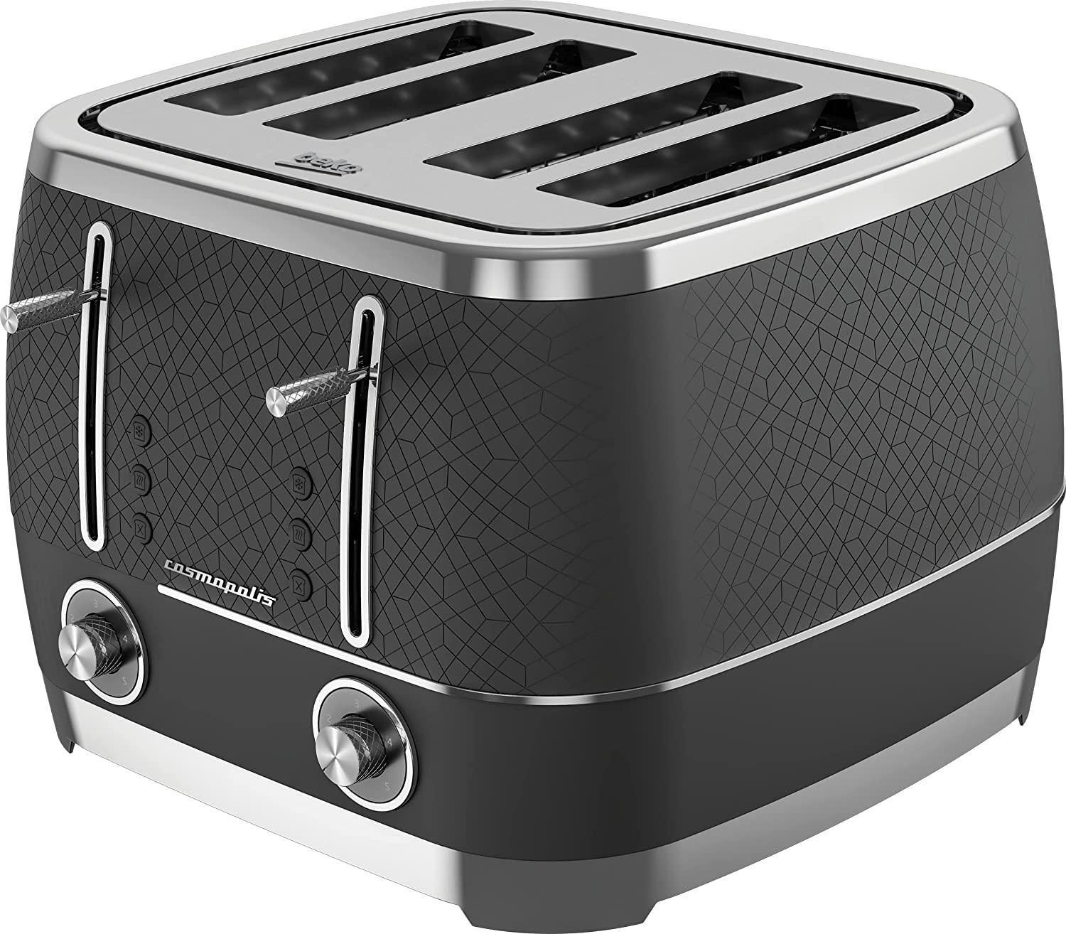 Beko Cosmopolis Toaster Retro Black Chrome Design , Extra Wide Slot 4-Slice Toaster , Includes Defrost, Reheat & Cancel Functions