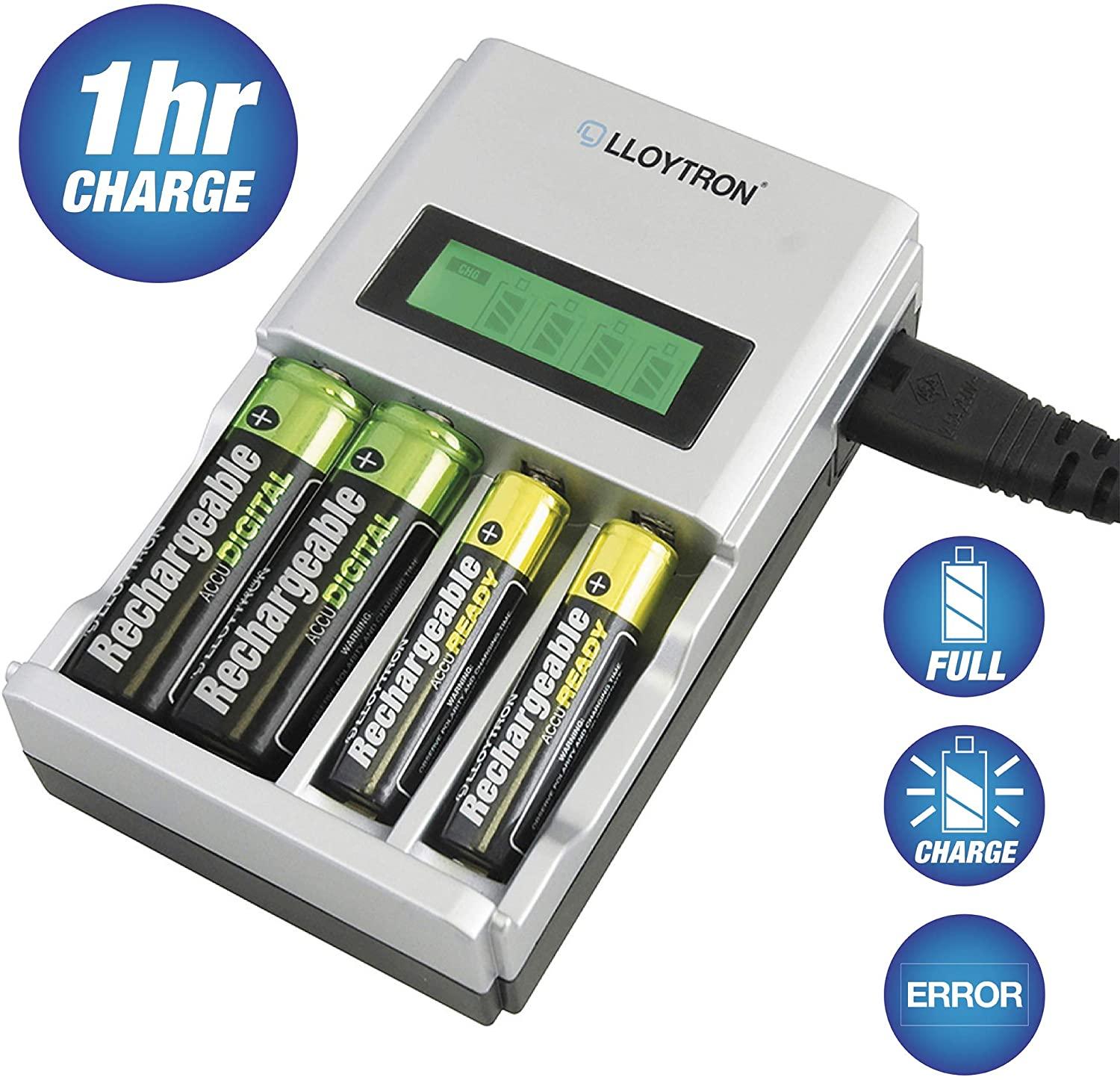 LLOYTRON Ultra Fast Intelligent AA or AAA LCD Home Battery Charger for NiMh NiCd Rechargeable Batteries, Charge 1 or 4 Batteries at Once, LCD Display Silver
