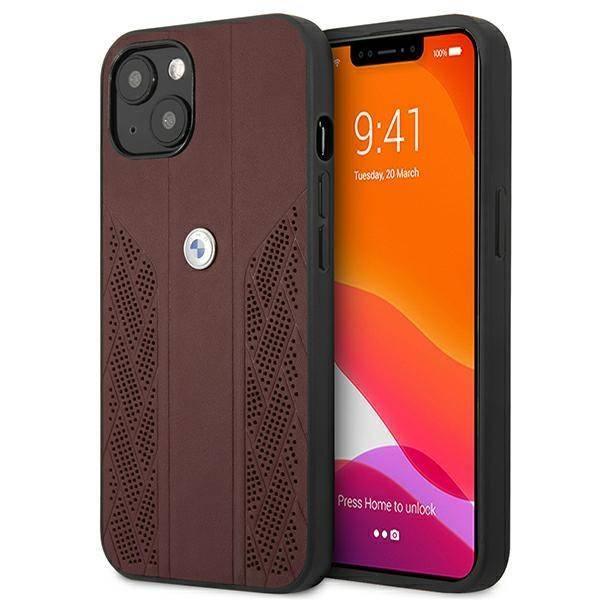 Apple iPhone 13 Leather Case Cover Red Curve Perforated Design BMW