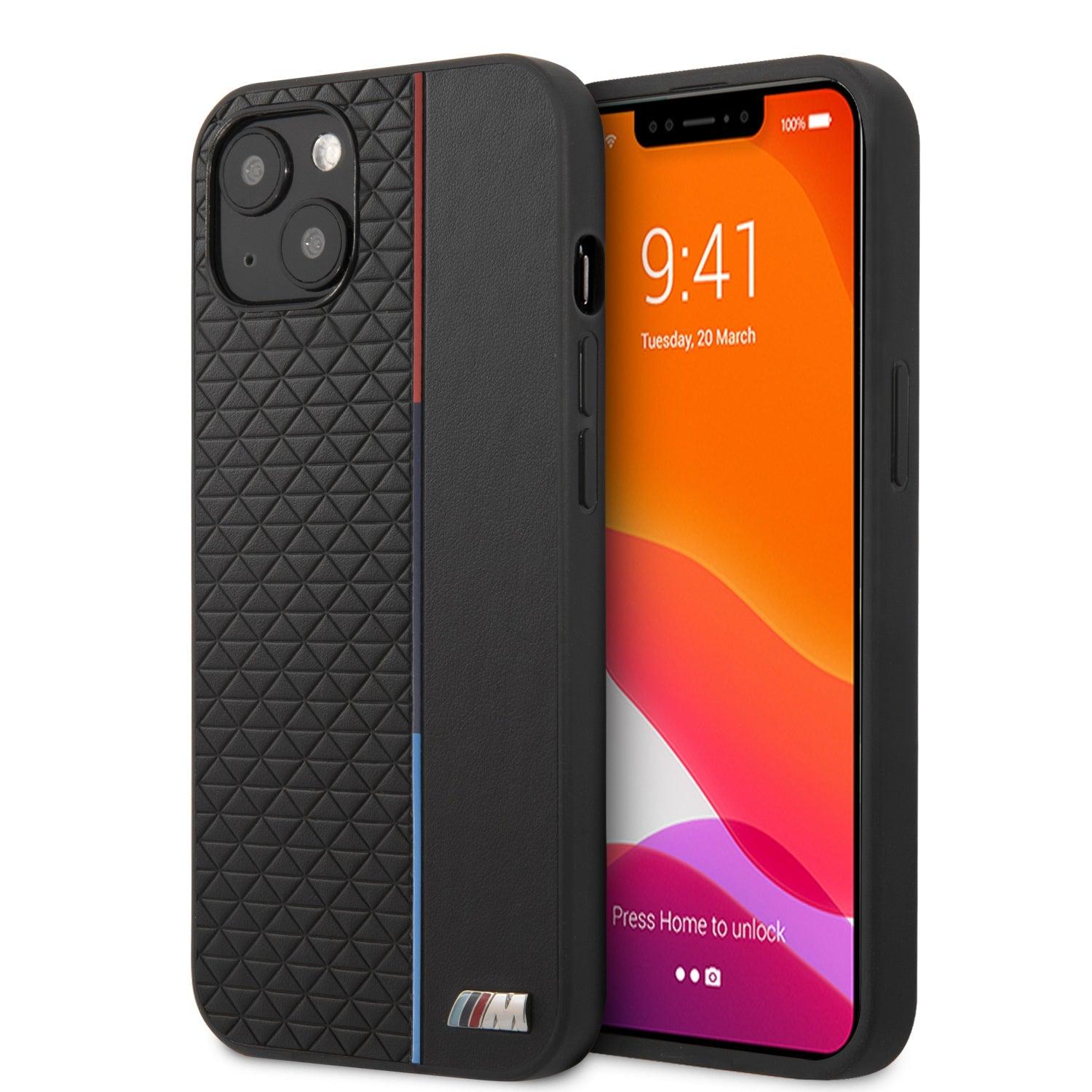 Apple iPhone 13 - Leather Case Black M Collection PU With Small Triangle Pattern And Constrasted Tricolor Stripe Metal Logo - BMW