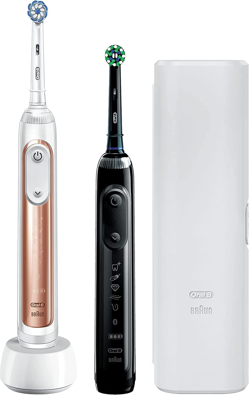 Oral-B Genius X 2x Electric Toothbrushes with Artifical Intelligence, App Connected Handles, 2 Toothbrush Heads & Travel Case, 6 Mode Display with Teeth Whitening, Gifts for Men/Women, 2 Pin UK Plug