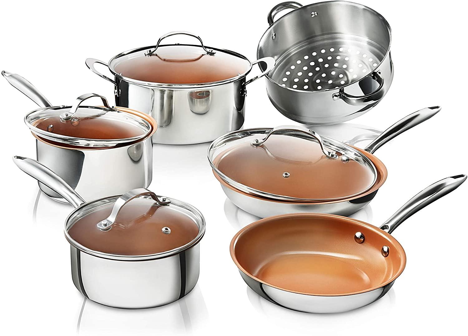 Gotham Steel 10 Piece Pro Chef Cookware Set Premium Copper Nonstick Pots and Pans– Tri-Ply Bonded, Coated with Titanium and Ceramic Surface for the Ultimate Release - Dishwasher Safe, Stainless Steel