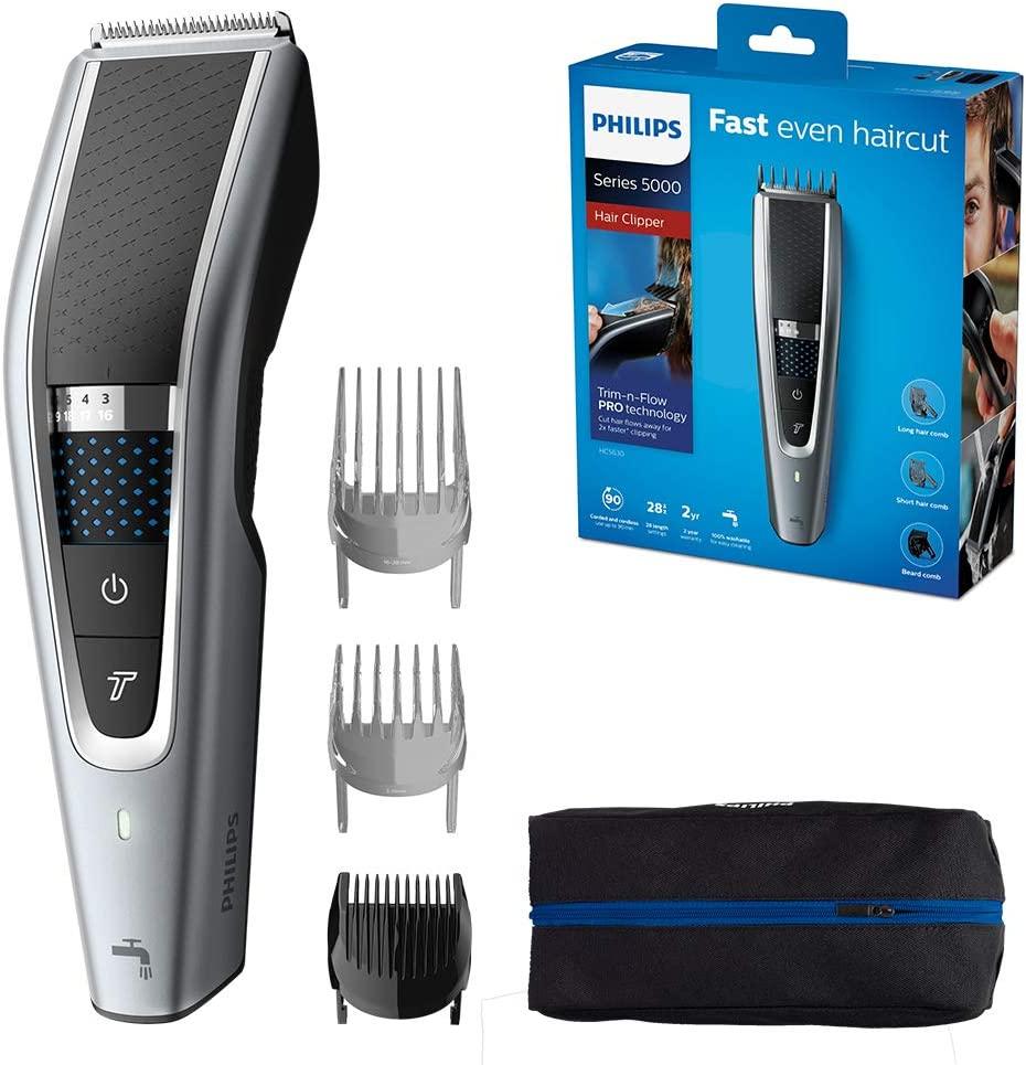 Philips Hair Clippers, Series 5000 Trim-n-Flow PRO Technology Hair Clipper, Fully Washable with Self-Sharpening Stainless Steel Blades, Corded, UK 3-Pin Plu