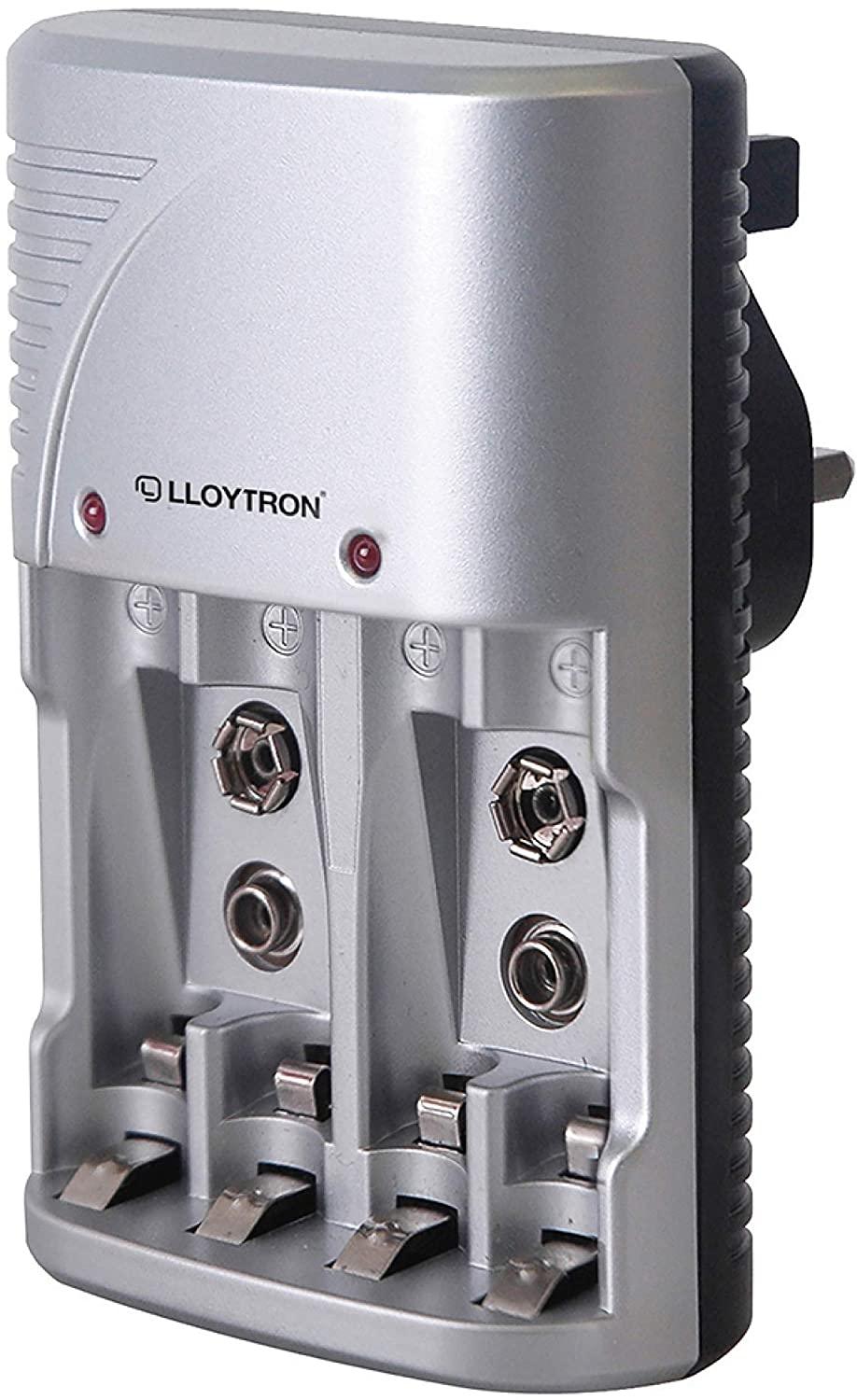 LLOYTRON Compact AA or AAA 9v (PP3) Battery Charger for NiMh NiCd Rechargeable Batteries Charge 2 or 4 Batteries at Once B1502 Silver