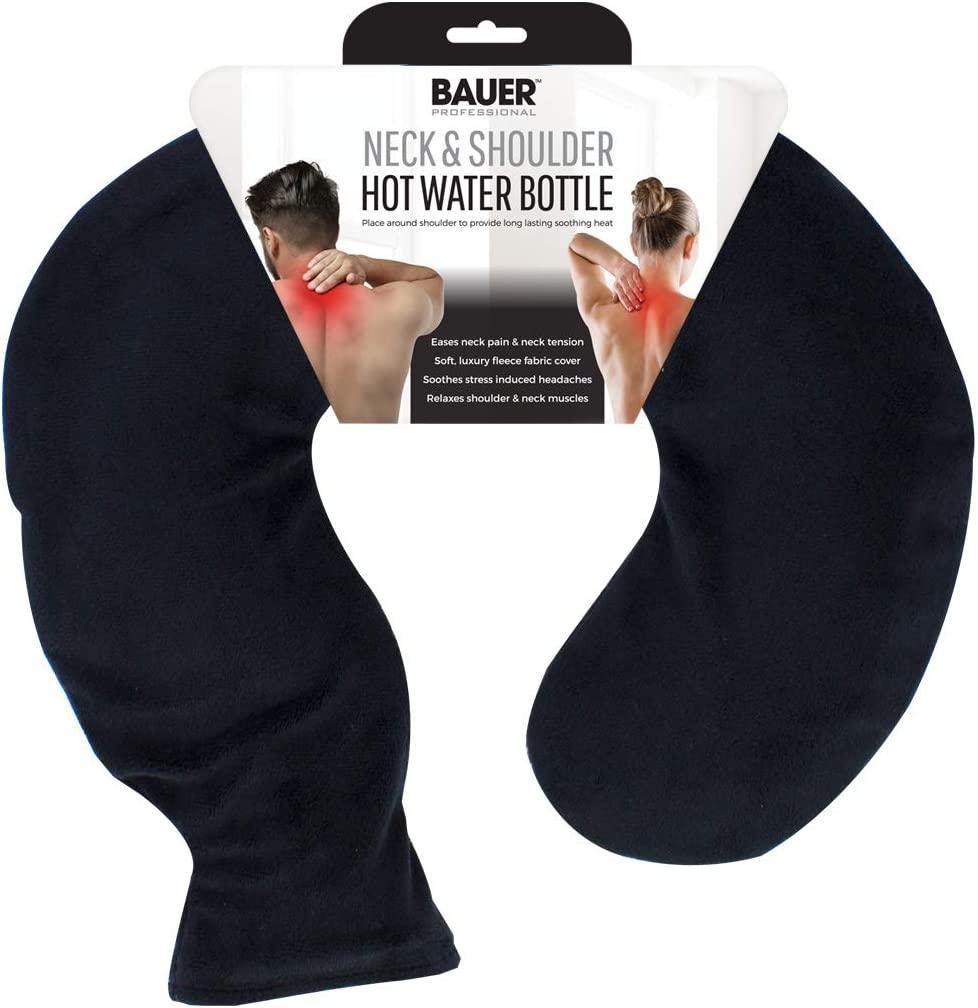 Bauer Professional Neck and Shoulder Hot Water Bottle / Ease Pain, Soothe Headaches and Relax Muscles / Washable Soft Fleece Cover / Black