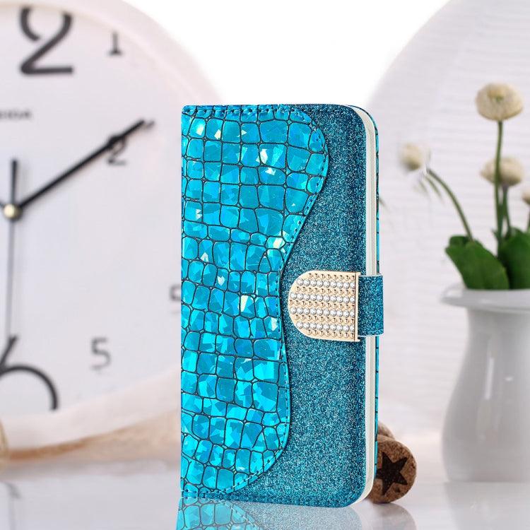 Samsung Galaxy A42 Laser Glitter Powder Matching Crocodile Texture Horizontal Flip Leather Case Cover with Card Slots & Holder (Blue)