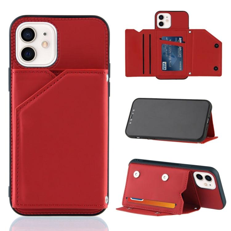Skin Feel PU + TPU + PC Back Cover Shockproof Case Cover with Card Slots & Holder & Photo Frame For Apple iPhone 12 / 12 Pro (Red)