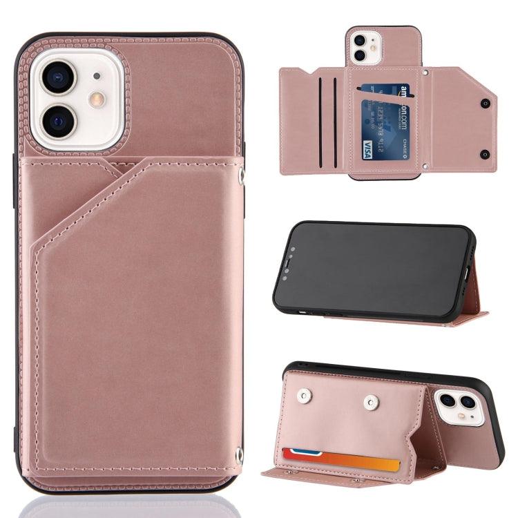 Skin Feel PU + TPU + PC Back Cover Shockproof Case Cover with Card Slots & Holder & Photo Frame For Apple iPhone 12 / 12 Pro (Rose Gold)