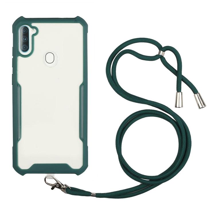 Samsung Galaxy A11 / M11 Acrylic + Color TPU Shockproof Case Cover with Neck Lanyard (Dark Green)