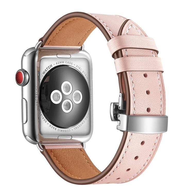 Genuine Leather + Butterfly Silver Buckle Watch Band Strap For Apple Watch Ultra 2, Ultra 1, Series 9, 8, 7, 6, SE, 49mm, 45mm, 44mm, 42mm (Pink)