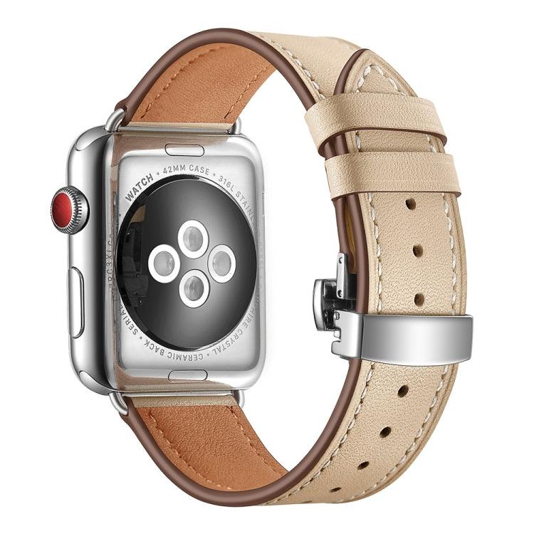Genuine Leather + Butterfly Silver Buckle Watch Band Strap For Apple Watch Series 7 45mm / 6 & SE & 5 & 4 44mm / 3 & 2 & 1 42mm (Apricot)