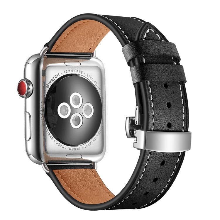 Genuine Leather + Butterfly Silver Buckle Replacement Watchbands Apple Watch Series 9, 8, 7, 6, SE, 41mm, 40MM, 38mm (Black)