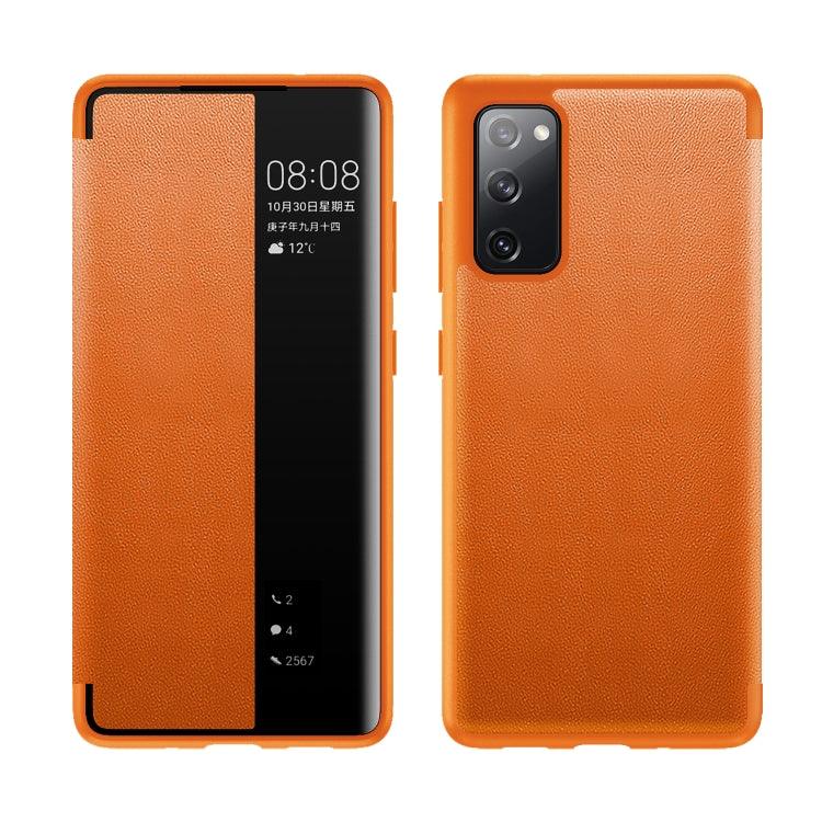 Samsung Galaxy S20 FE Magnetic Side Window View Shockproof Horizontal Flip Leather Case Cover (Orange)
