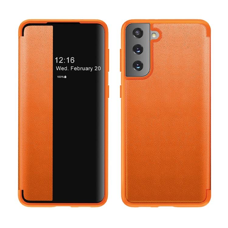 Samsung Galaxy S21+ 5G Magnetic Side Window View Shockproof Horizontal Flip Leather Case Cover (Orange)