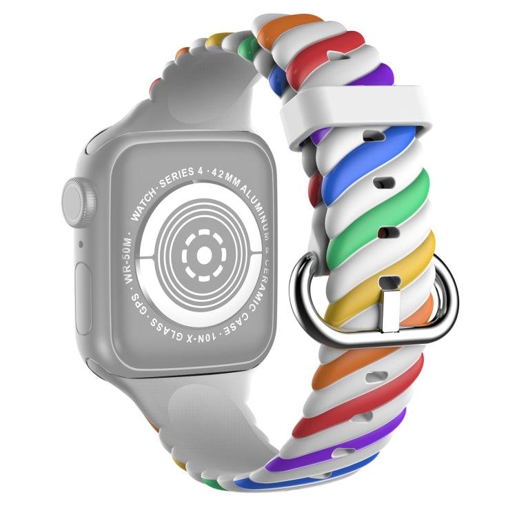 Two-color Twist Silicone Replacement Strap Watchband Apple Watch Ultra 2, Ultra 1, Series 9, 8, 7, 6, SE, 49mm, 45mm, 44mm, 42mm (Rainbow White)