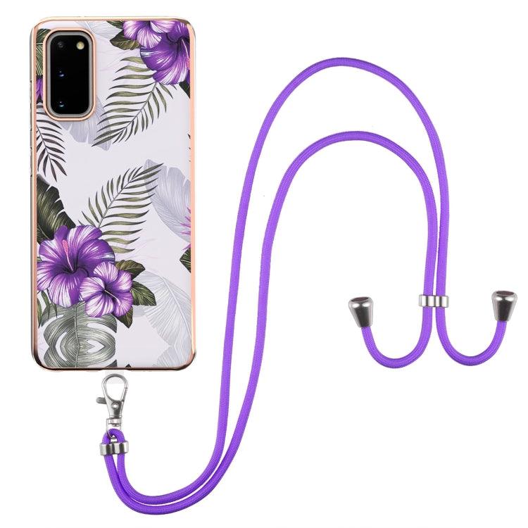 Samsung Galaxy S20 Electroplating Pattern IMD TPU Shockproof Case with Neck Lanyard (Purple Flower)