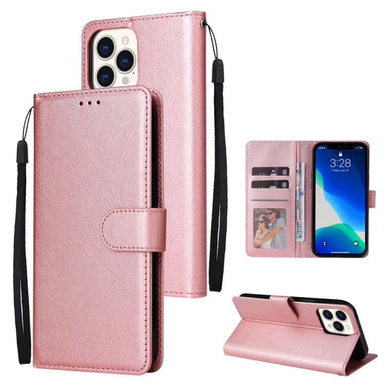 Apple iPhone 13 Pro Max Multifunctional Horizontal Flip Leather Case Cover, with Three Card Slot & Holder & Photo Frame & Lanyard (Rose Gold)