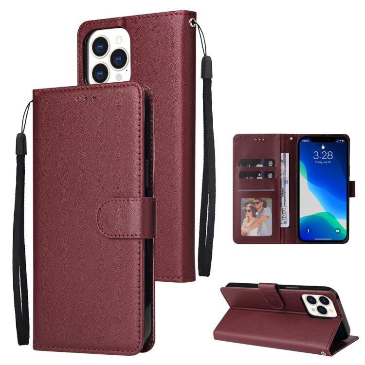 Apple iPhone 13 Pro Max Multifunctional Horizontal Flip Leather Case Cover, with Three Card Slot & Holder & Photo Frame & Lanyard (Red Wine)