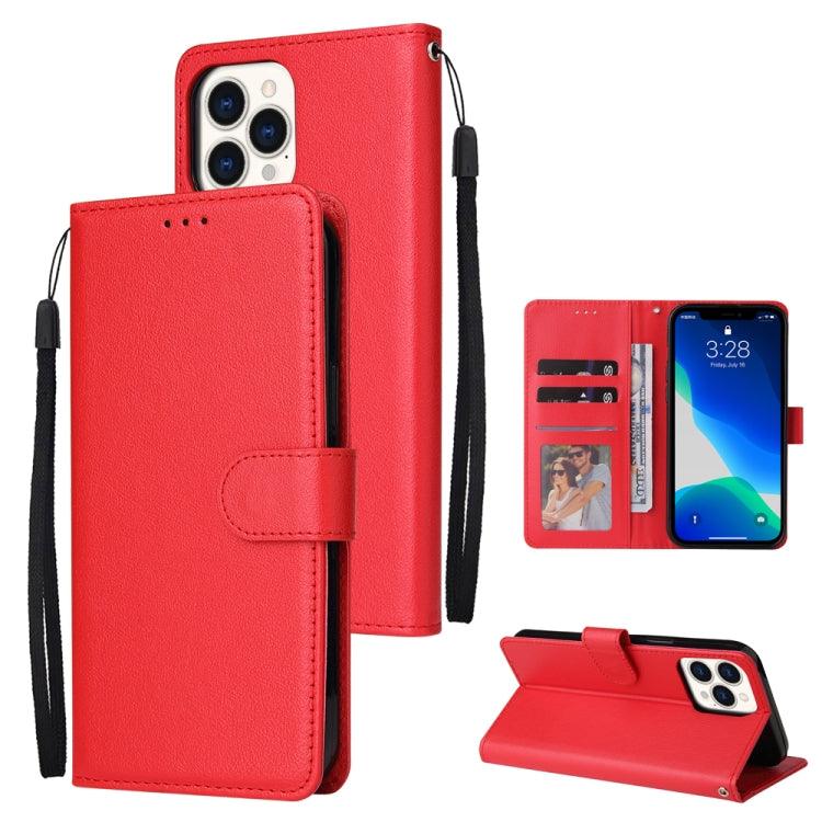 Apple iPhone 13 Pro Max Multifunctional Horizontal Flip Leather Case Cover, with Three Card Slot & Holder & Photo Frame & Lanyard (Red)
