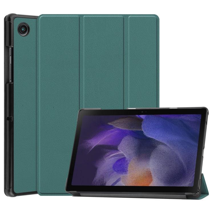 Samsung Galaxy Tab A8 2021 Three-folding Holder Custer Texture Leather Tablet Case Cover (Dark Green)