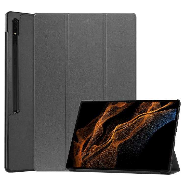 Samsung Galaxy Tab S8 Ultra Three-folding Holder Custer Texture Leather Tablet Case Cover (Grey)