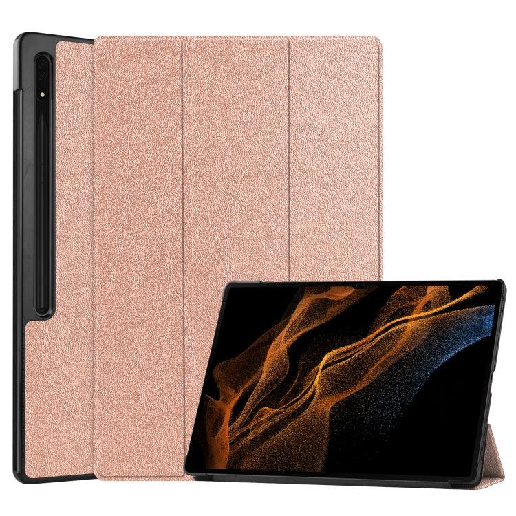 Samsung Galaxy Tab S8 Ultra Three-folding Holder Custer Texture Leather Tablet Case Cover (Rose Gold)