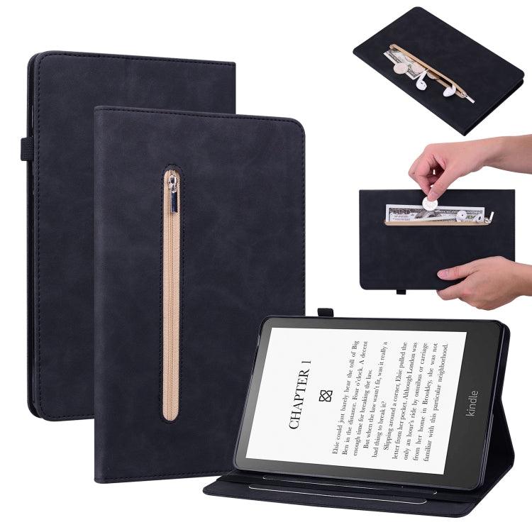 Amazon Kindle Paperwhite 5 2021 Skin Feel Solid Color Zipper Smart Leather Tablet Case (Black)