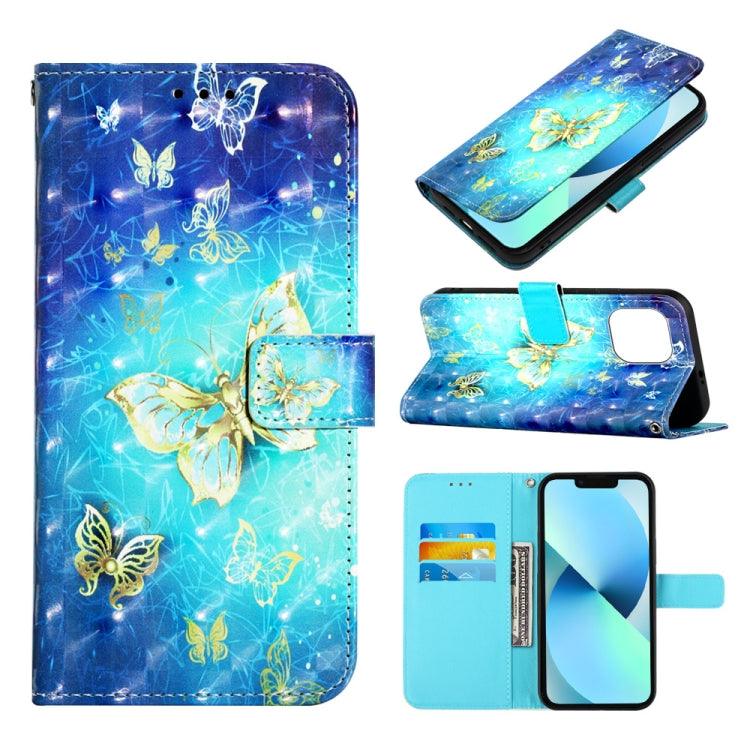Apple iPhone 14 3D Painting Horizontal Flip Leather Phone Case Cover (Golden Butterfly)