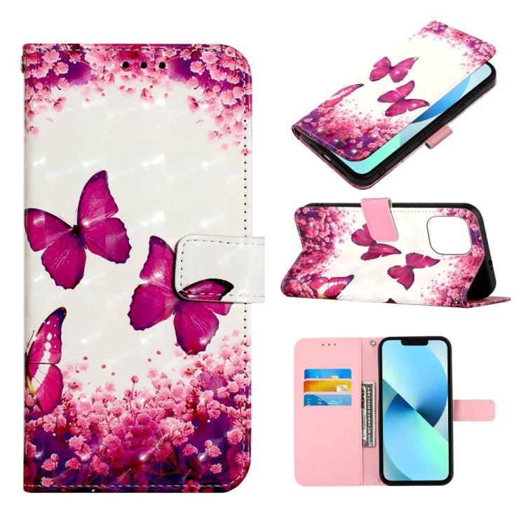 Apple iPhone 14 3D Painting Horizontal Flip Leather Phone Case Cover (Rose Butterfly)