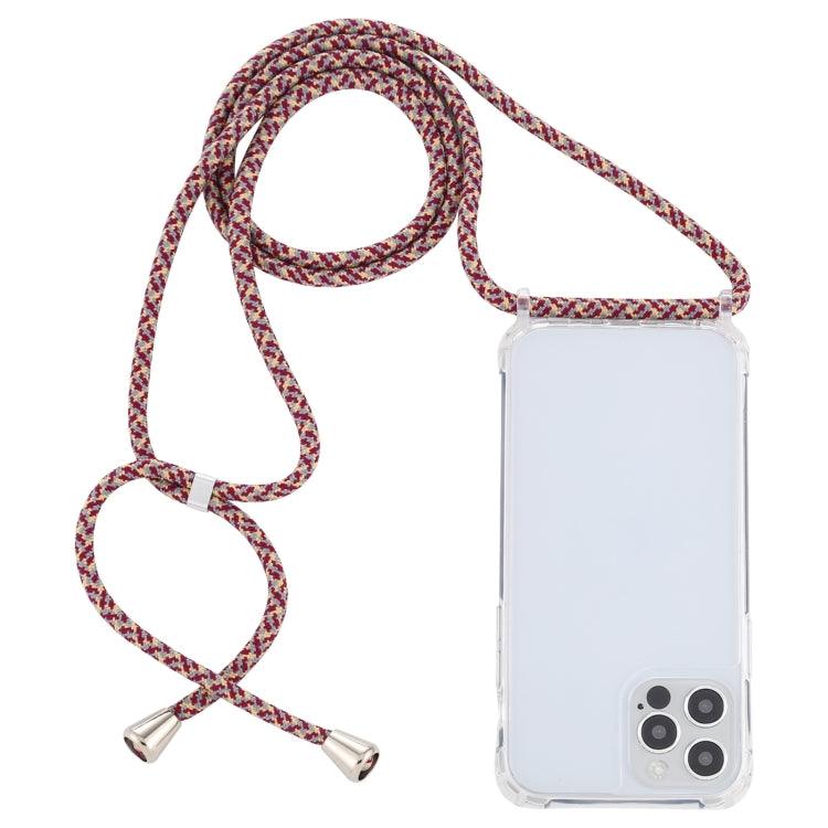 Apple iPhone 14 Pro Max Transparent Acrylic Airbag Shockproof Phone Protective Case Cover with Lanyard (Red Apricot Grey Fine Lines)
