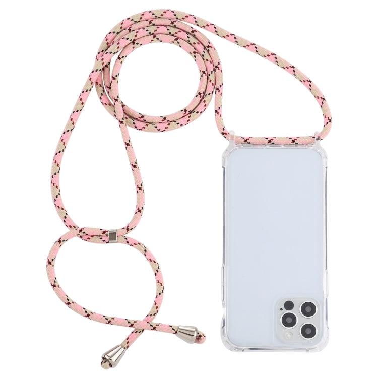 Apple iPhone 14 Pro Max Transparent Acrylic Airbag Shockproof Phone Protective Case Cover with Lanyard (Pink Apricot Coffee)
