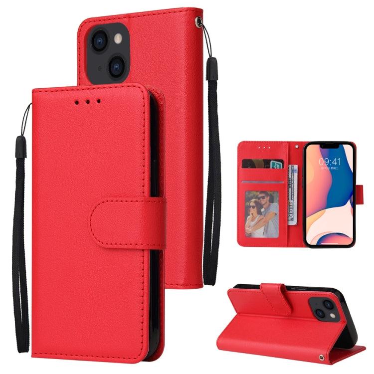 Apple iPhone 14 Multifunctional Horizontal Flip Leather Case Cover with Three Card Slot (Red)