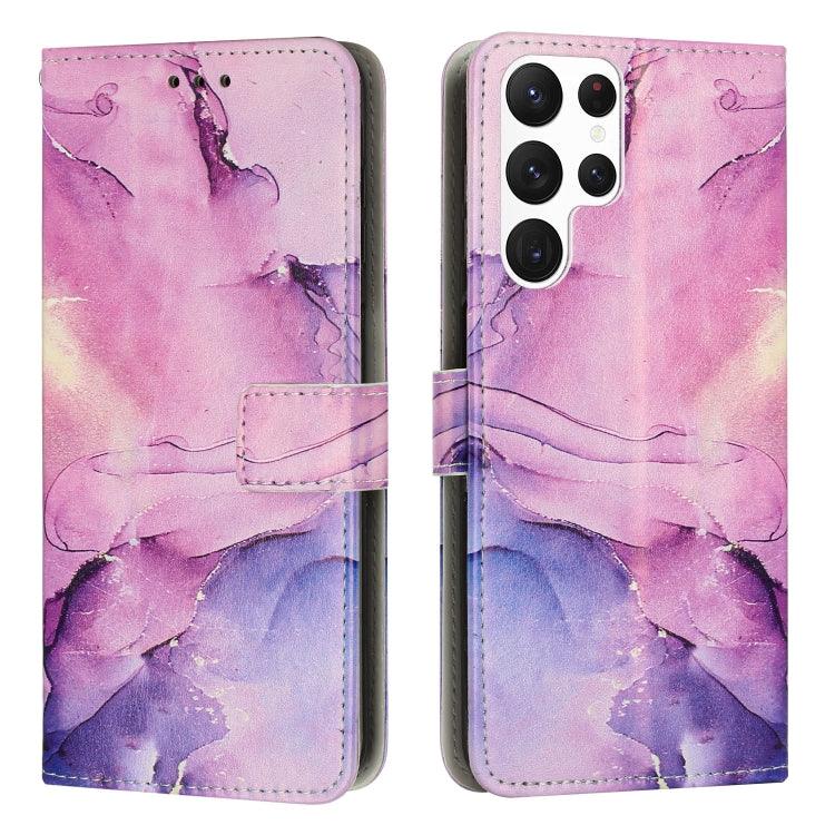 Samsung Galaxy S22 Ultra 5G Painted Marble Pattern Leather Phone Case Cover (Purple)