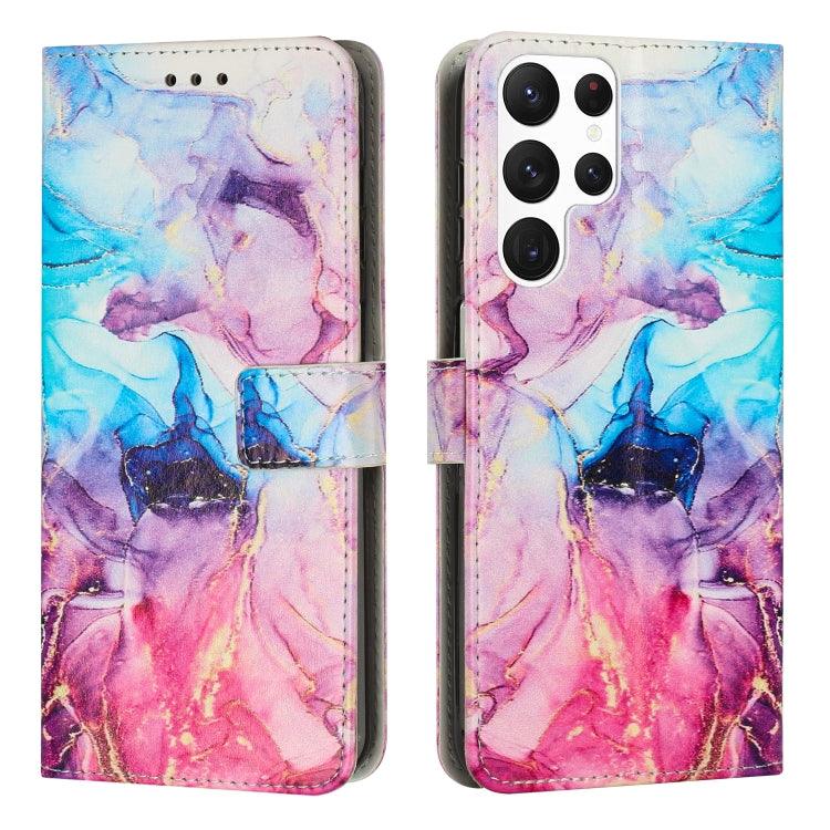 Samsung Galaxy S22 Ultra 5G Painted Marble Pattern Leather Phone Case Cover (Pink Purple)