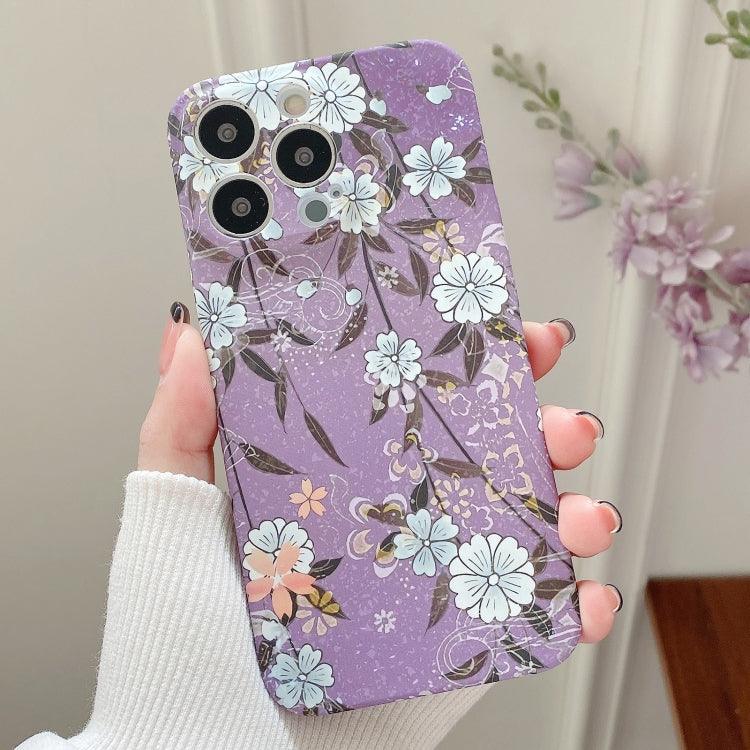 Apple iPhone 12 Pro Max Water Sticker Flower Pattern PC Phone Case Cover (Purple Backgroud White Flower)